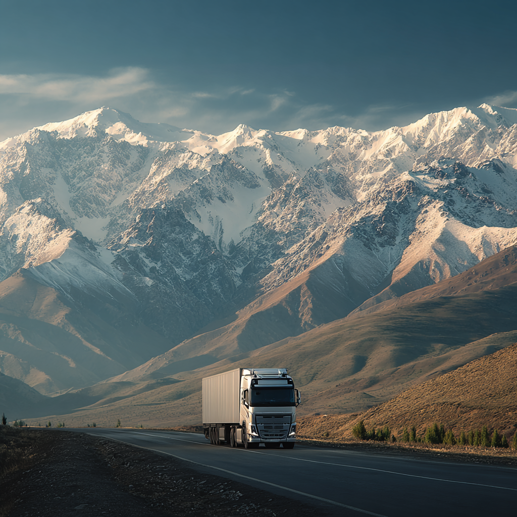 truck driving on kasachstan road with mountain scenery