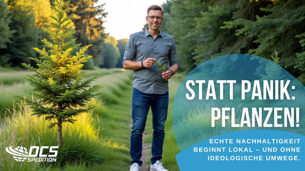 „Dennis von OCS Spedition steht auf einem Waldweg neben einem jungen Baum und wirbt mit dem Slogan ‚Statt Panik: Pflanzen!‘ für lokale, nachhaltige Aufforstung