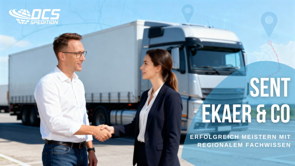 Spediteur und Kundin im Business-Casual vor LKW geben sich die Hand; symbolische Darstellung professioneller Unterstützung bei SENT- und EKAER-Pflichten im Osteuropa-Transport