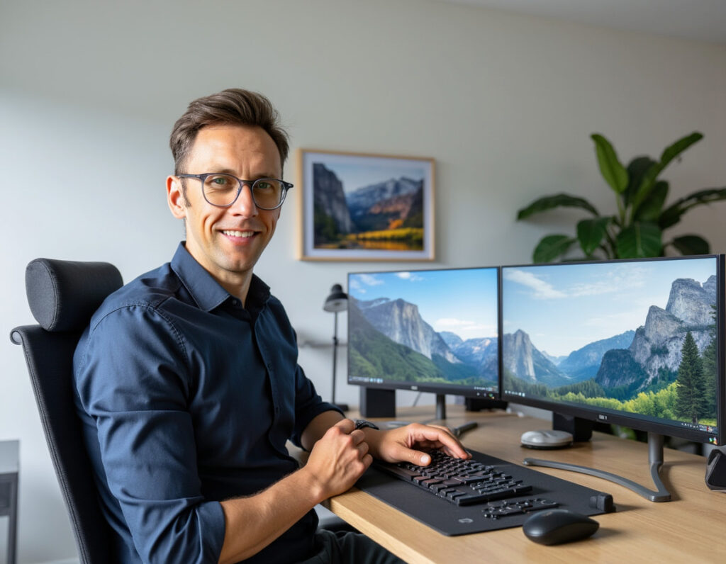 Dennis, Leiter der OCS Spedition, am modernen Arbeitsplatz mit Doppelmonitor – Symbol für Kompetenz, Digitalisierung und Kundenfokus bei OCS.