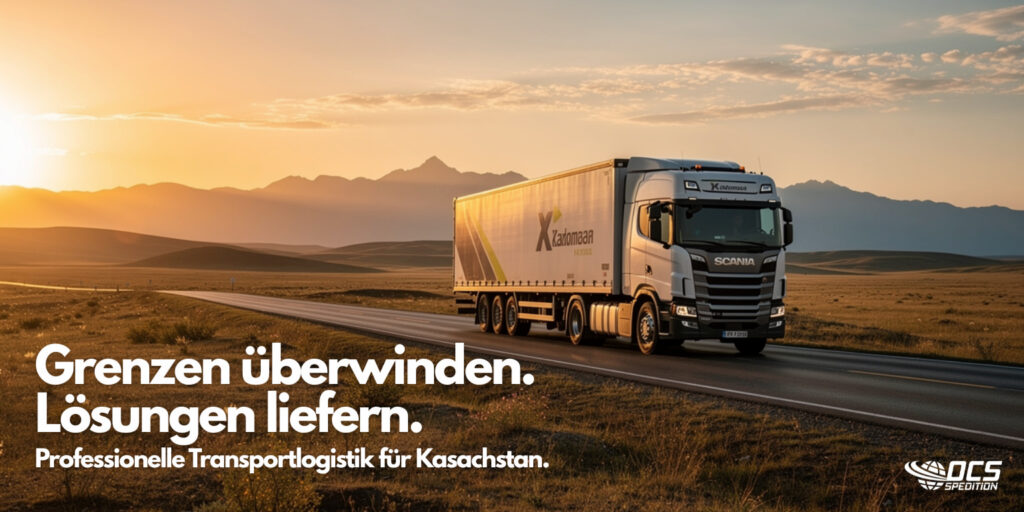 Ein moderner LKW der OCS Spedition fährt bei Sonnenuntergang durch eine weite, offene Landschaft in Kasachstan. Im Hintergrund erstrecken sich sanfte Hügel und Berge unter einem goldenen Himmel. Auf dem Bild steht der Slogan ‚Grenzen überwinden. Lösungen liefern. Professionelle Transportlogistik für Kasachstan