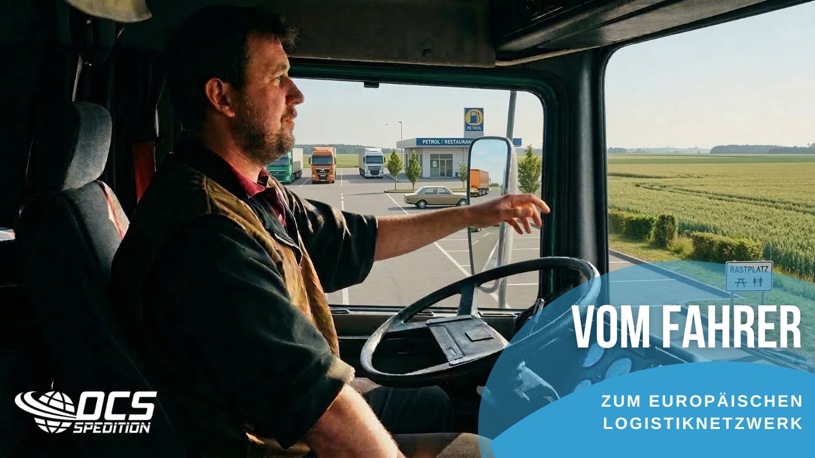 LKW-Fahrer in der Kabine bei einem Osteuropatransport auf einem Autobahnrastplatz, Blick auf weite Felder und andere LKWs