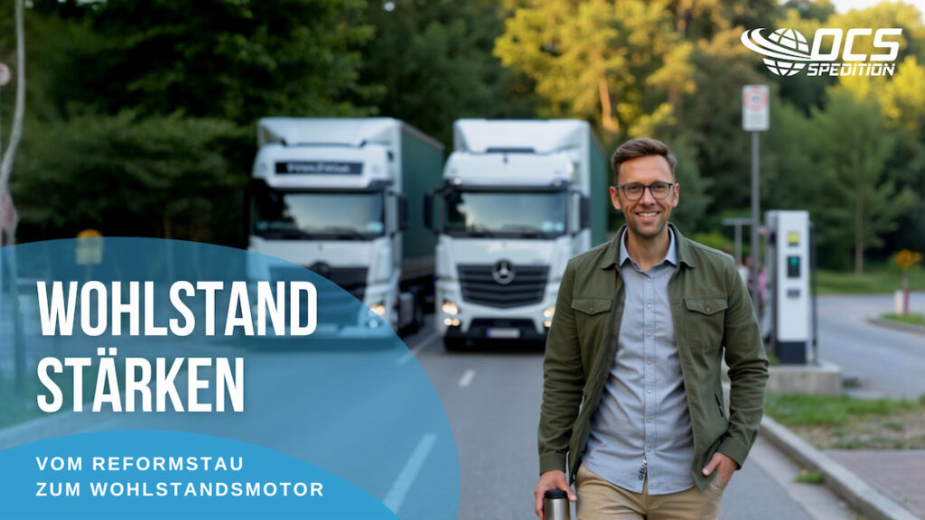Unternehmer vor zwei Elektro-LKW an einer Ladesäule, im Hintergrund OCS Spedition Logo und der Schriftzug „Wohlstand stärken – Vom Reformstau zum Wohlstandsmotor