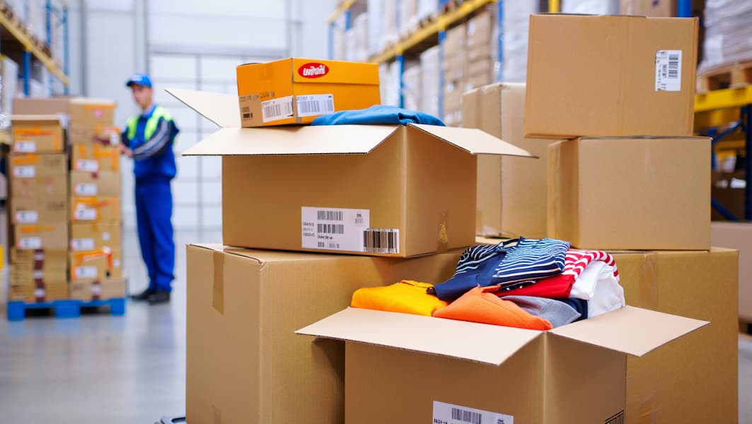 Kartons mit Textilien in einem modernen Logistiklager