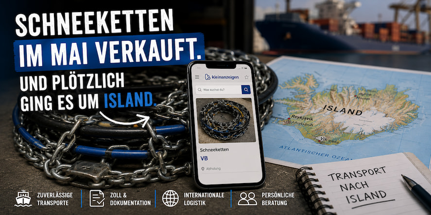 alt="Schneeketten, Smartphone mit Kleinanzeigen-Anzeige und Karte von Island als Symbol fĂźr Transporte nach Island, Logistik und internationale Warenverkehre."