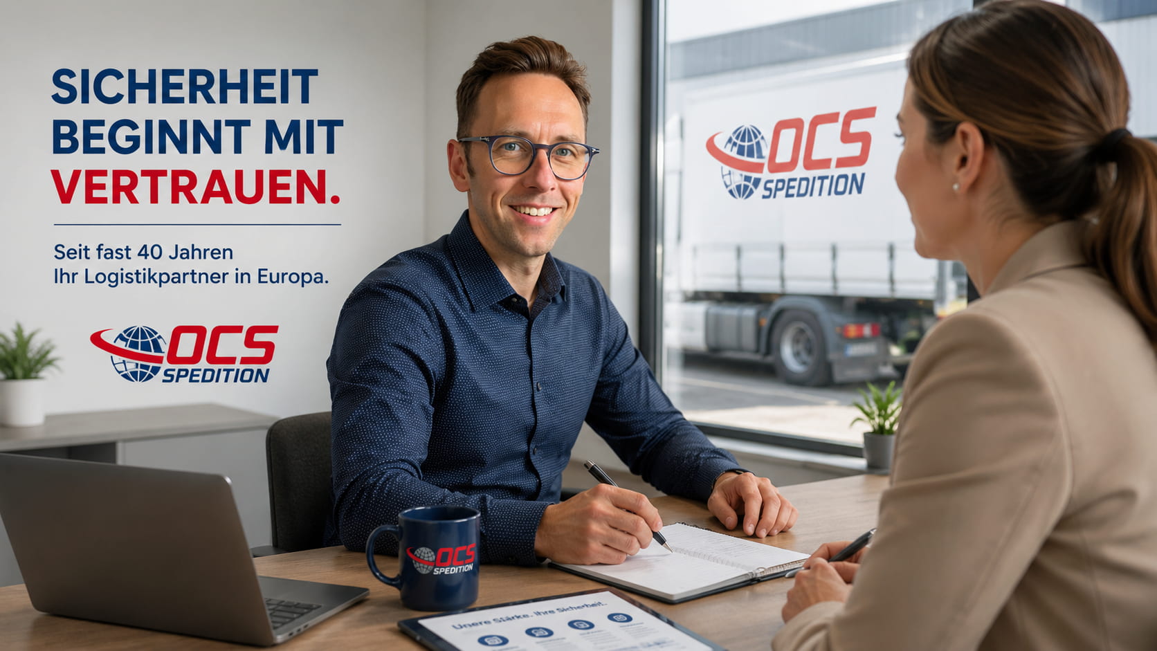 Vertrauensvolle Besprechung in einem modernen Logistikunternehmen Ein Mitarbeiter der OCS Spedition GmbH führt ein persönliches Gespräch mit Geschäftspartnern