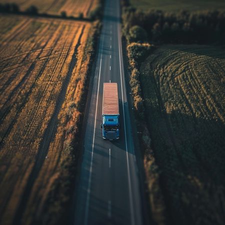 Ein LKW aus der Luft mit einem Container auf einer ukrainischen Landstraße