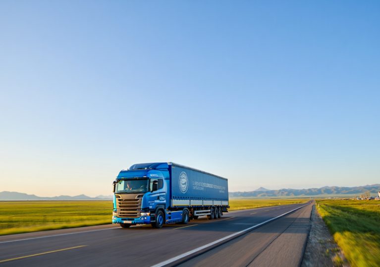 LKW fährt durch grüne Steppenlandschaft in Zentralasien